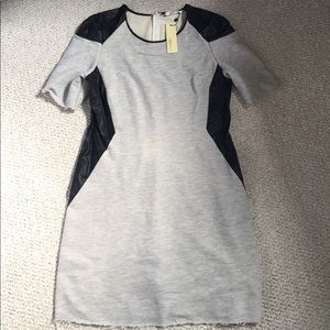 Grey shirt dress with black faux leather accents