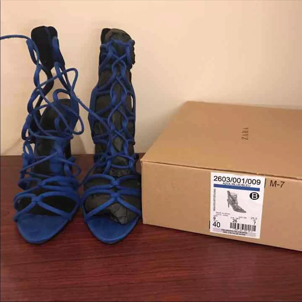 Zara Blue lace up sandals (never worn)