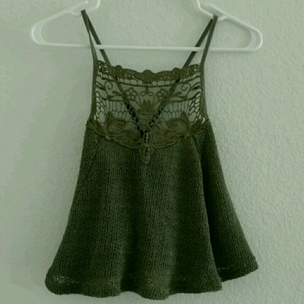 Crochet knit lace olive khaki green tank top