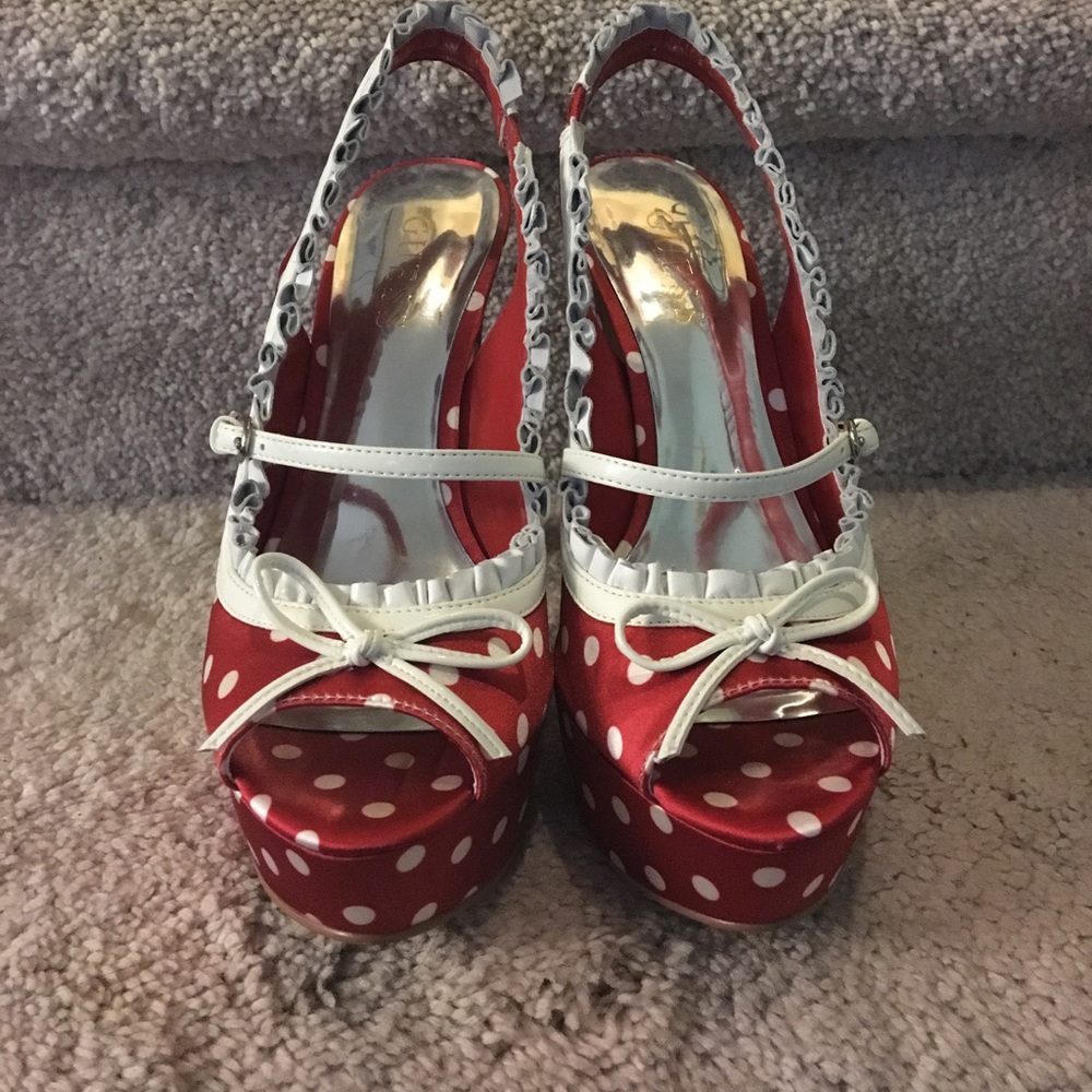 Red Polka Dot platform heels with white decoration