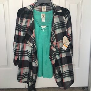 Flannel Cardigan with Lace Up Tank Top