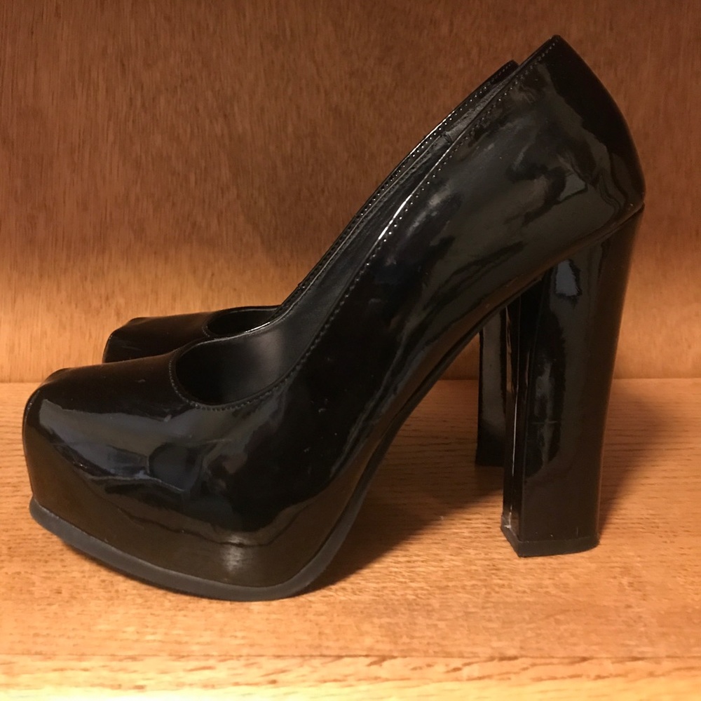 Black patent leather platform heels