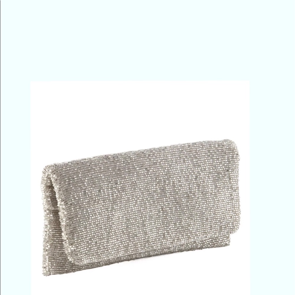 MOYNA SILVER BEADED CRYSTALS FOLDOVER FLAP CLUTCH