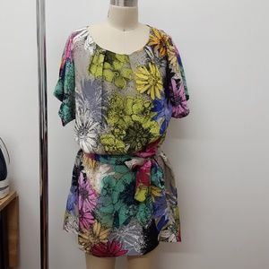 Floral silk mini shift dress with sash tie