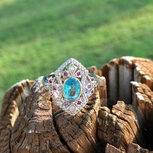 Vintage Style aquamarine Cocktail Ring 925 Silver