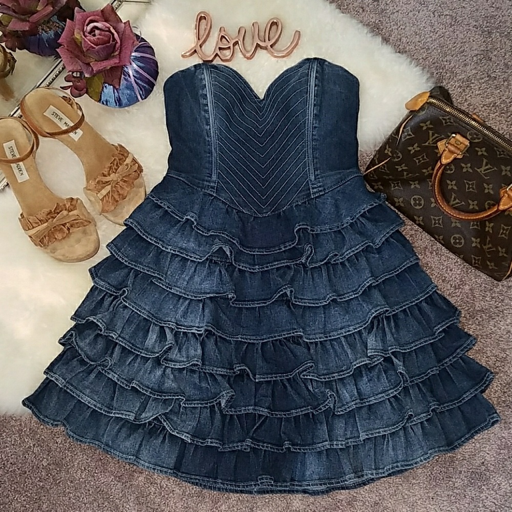 Guess Melia Ruffle Layered Denim Dress w/ Bustier