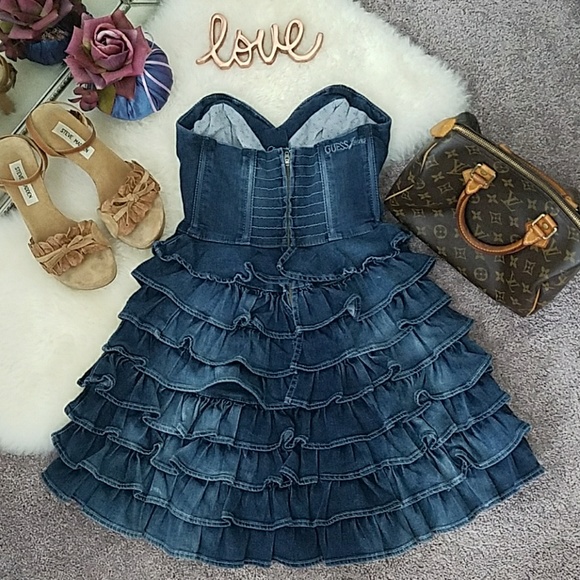 Guess Melia Ruffle Layered Denim Dress w/ Bustier - Picture 2 of 6