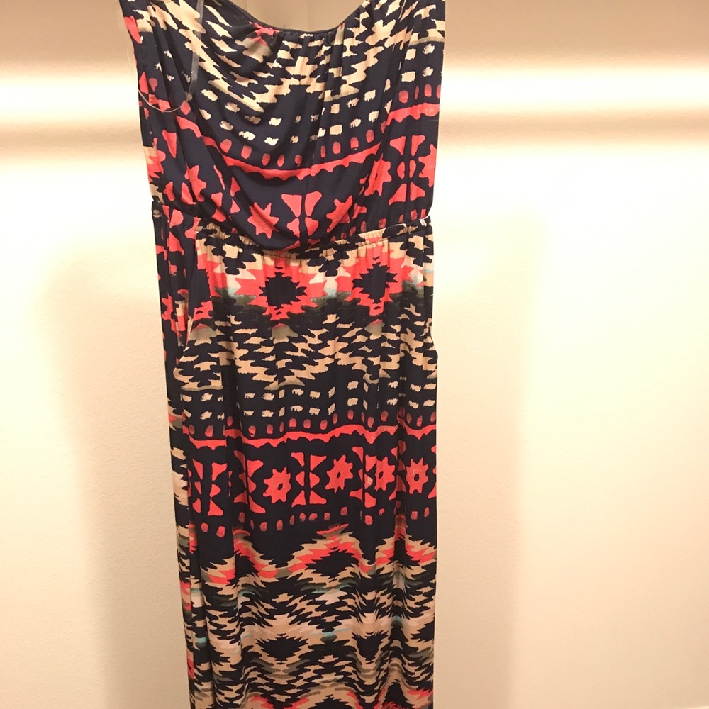 Colorful strapless dress.