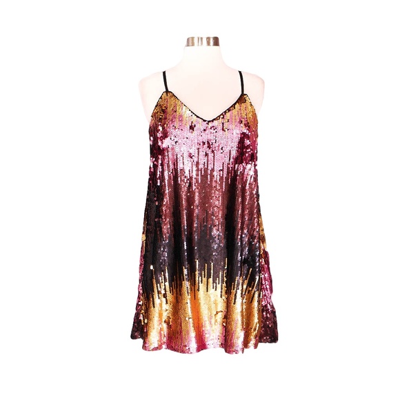 Black Pink Gold Colorblock Sequin Slip Dress - Picture 5 of 7