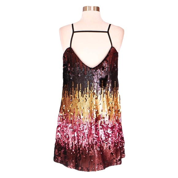 Black Pink Gold Colorblock Sequin Slip Dress - Picture 7 of 7