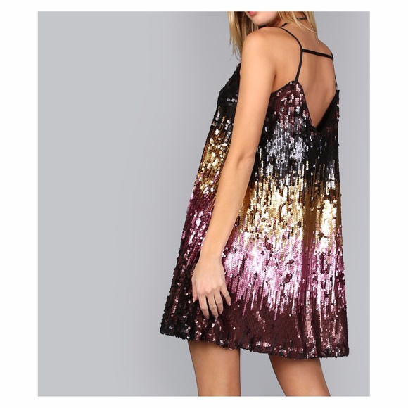 Black Pink Gold Colorblock Sequin Slip Dress - Picture 3 of 7