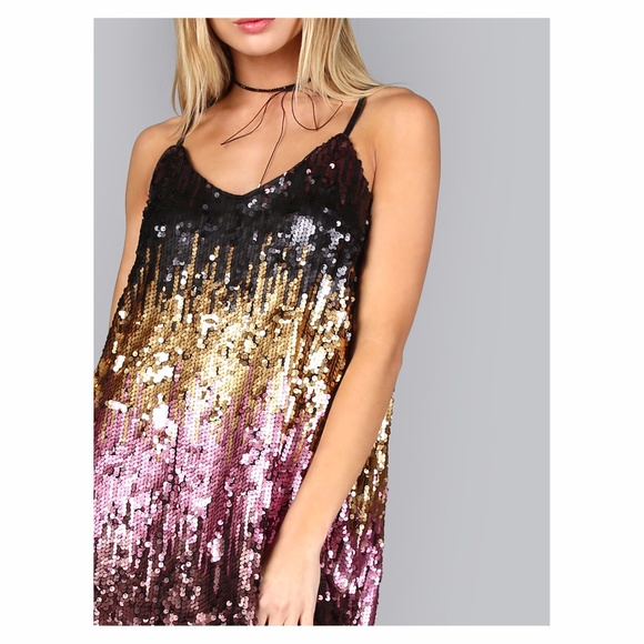 Black Pink Gold Colorblock Sequin Slip Dress - Picture 4 of 7
