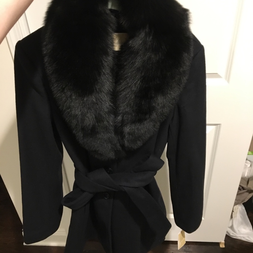 NWT Michael Kors Navy Blue Wool Coat w Fox Fur