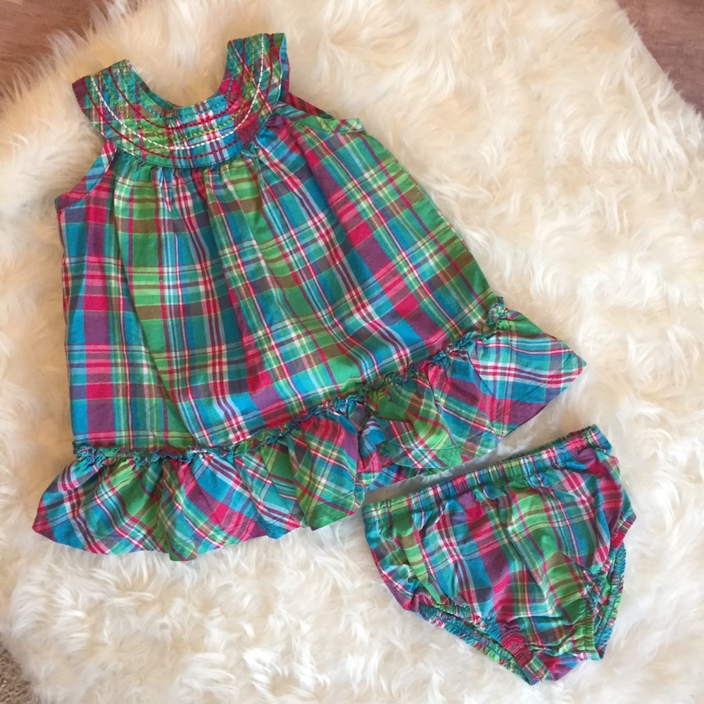 Okie Dokie plaid 12 month dress and bloomers
