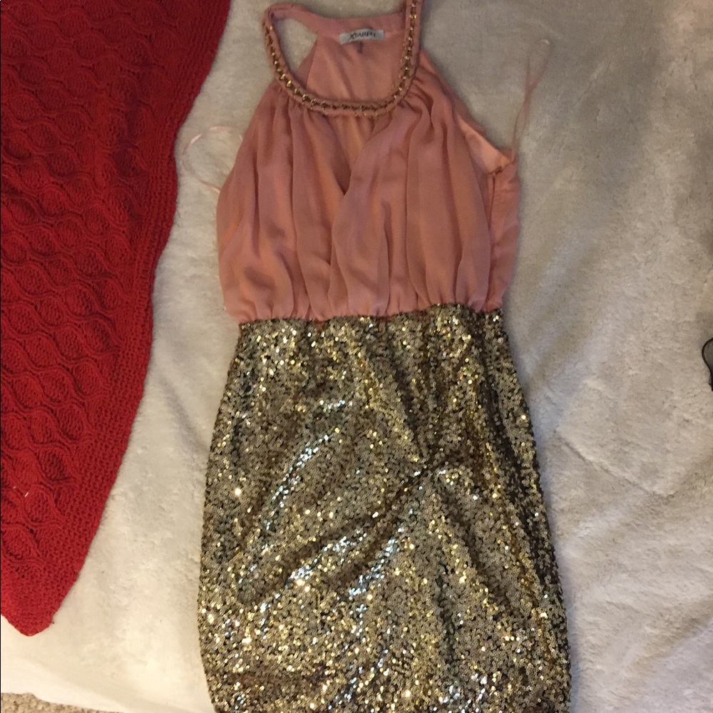 Gold sequince bottom with pink top