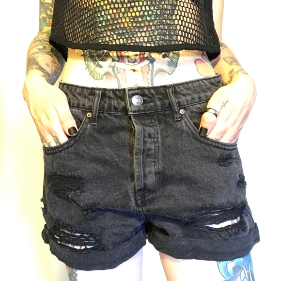 Distressed black denim shorts - Picture 1 of 4