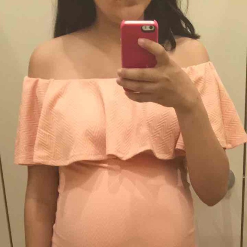 Peach off the shoulder ruffle dress
