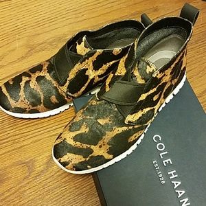 Cole Haan chukka booties in ocelot print haircalf