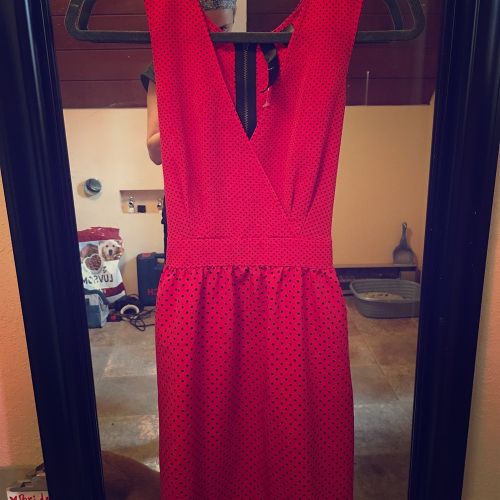 Red and black polka dot cocktail dress