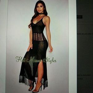 Black Crochet Spaghetti Straps Cover Up Maxi Dress