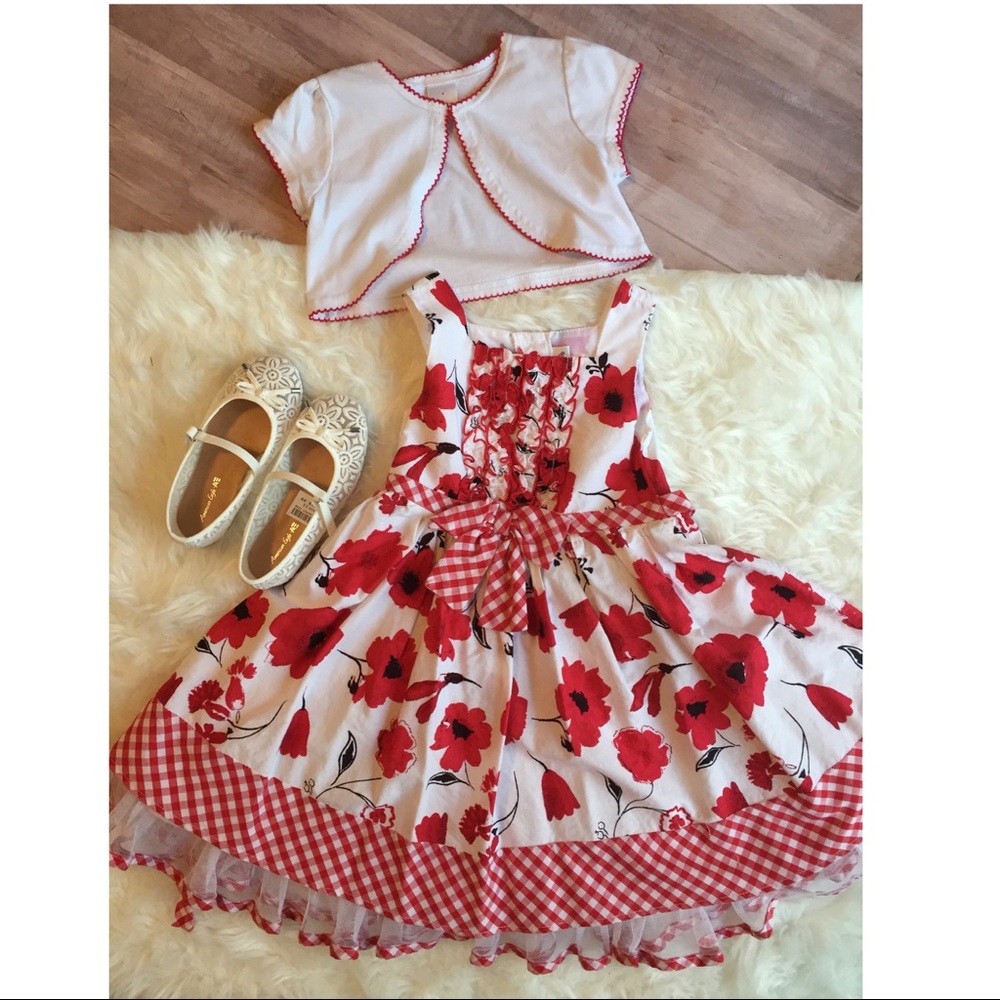 Red, black & white Floral Dress w/ cardigan 4