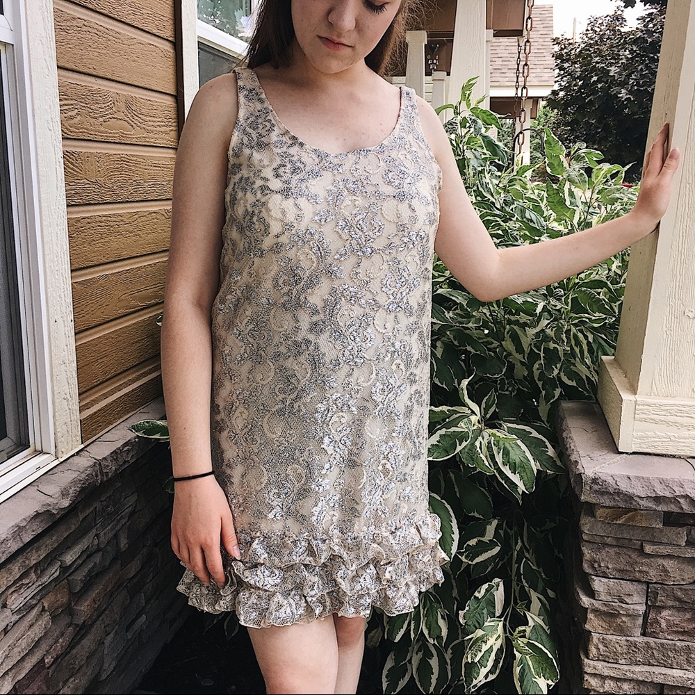 Alice + Olivia Champagne and Silver Ruffle Dress