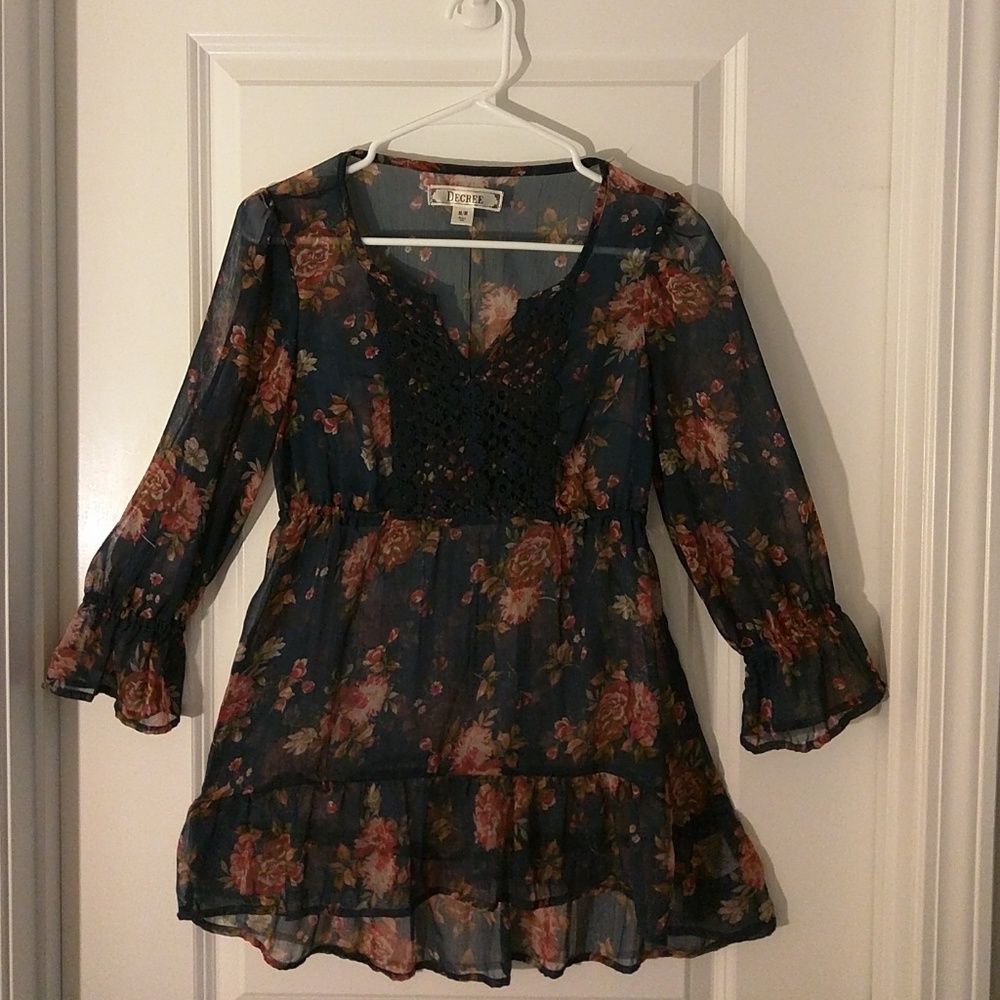 Floral, Ruffled, Sheer Blouse