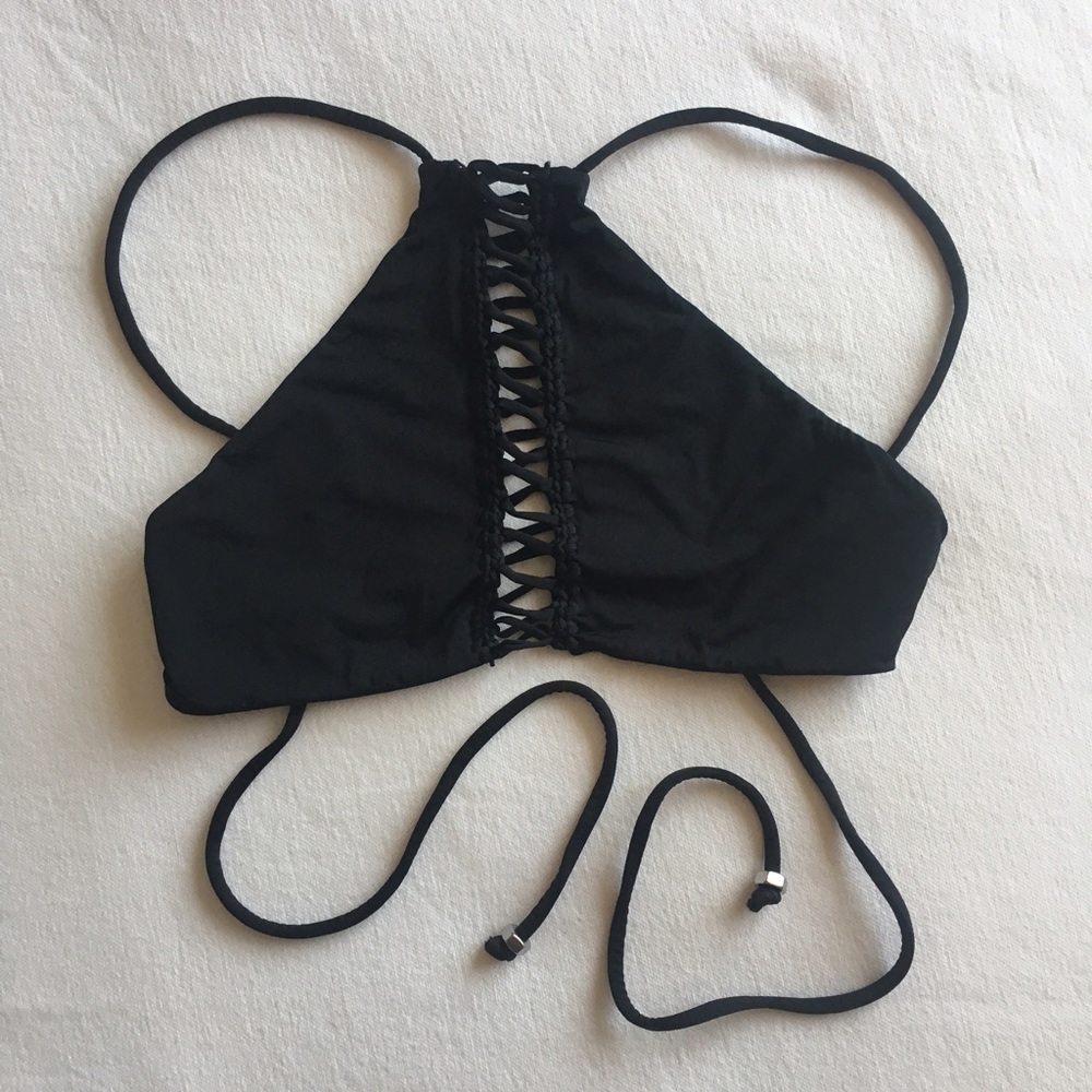 Indah Lynx Macrame Halter Bikini Top in Black