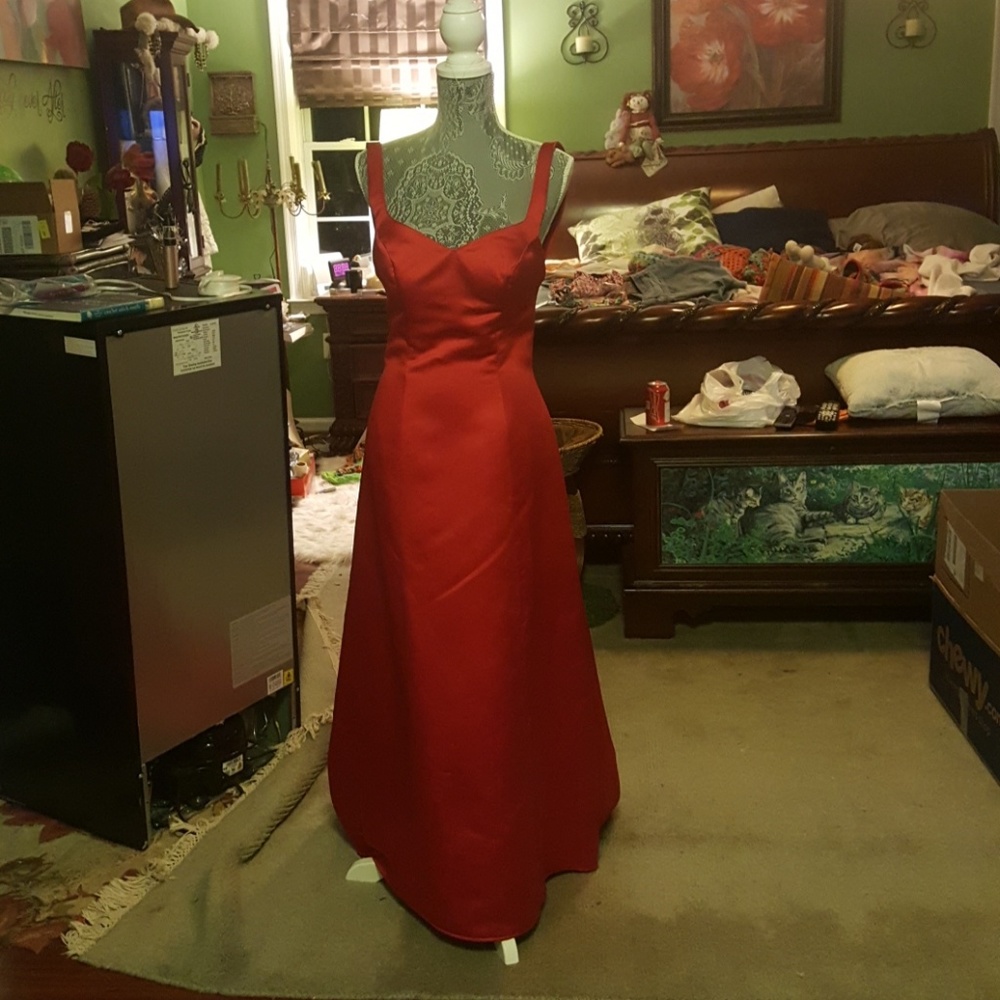 Red satin evening dress