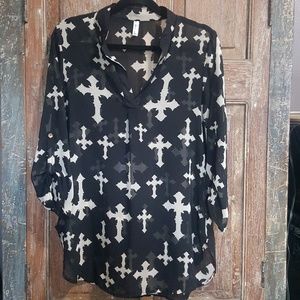 Auditions Black Sheer top w/ beige Crosses