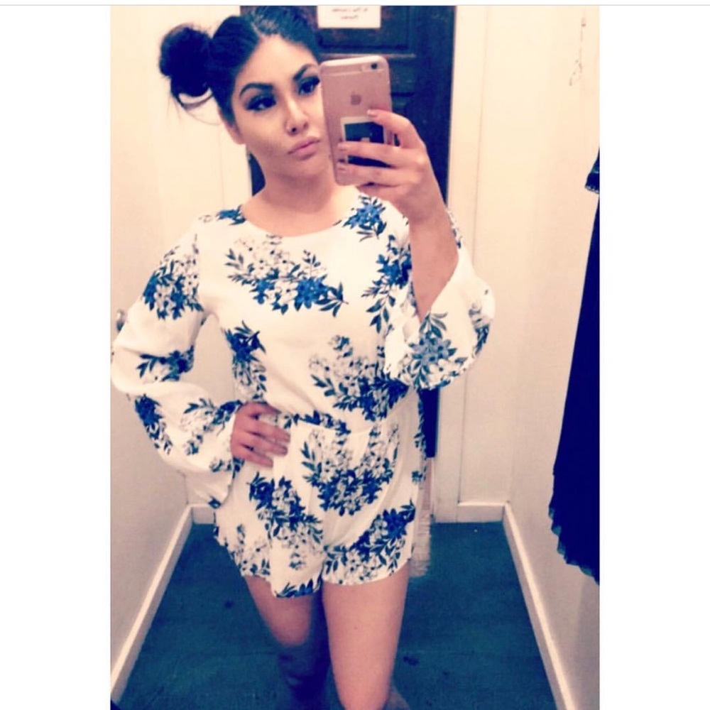 White & blue floral romper