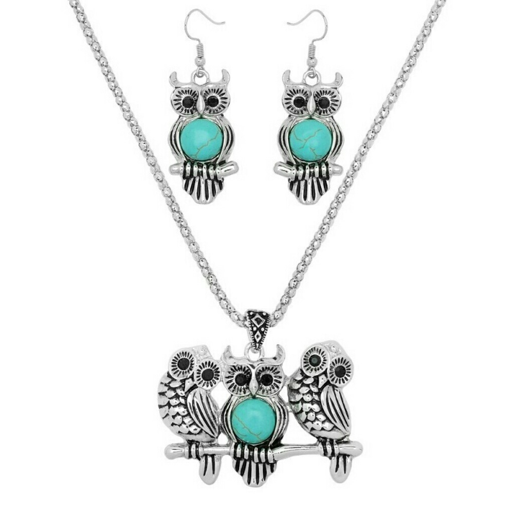 Three Owl Turquoise Necklace & Earring Set NEW