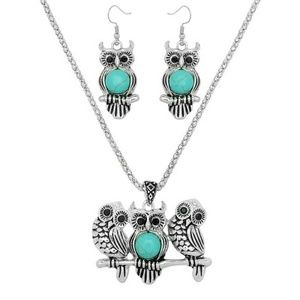 Three Owl Turquoise Necklace & Earring Set NEW