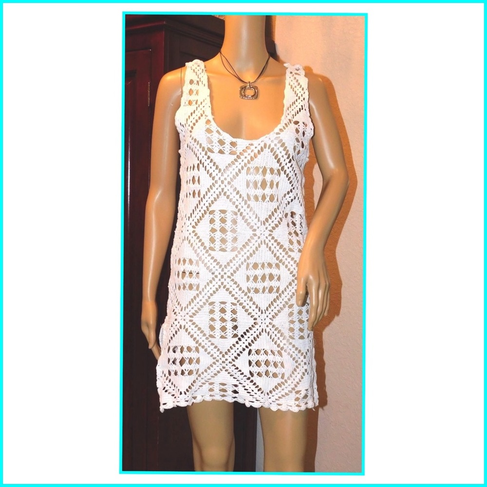 Crochet Sleeveless Ivory Boho Tunic/Cover-UP Top