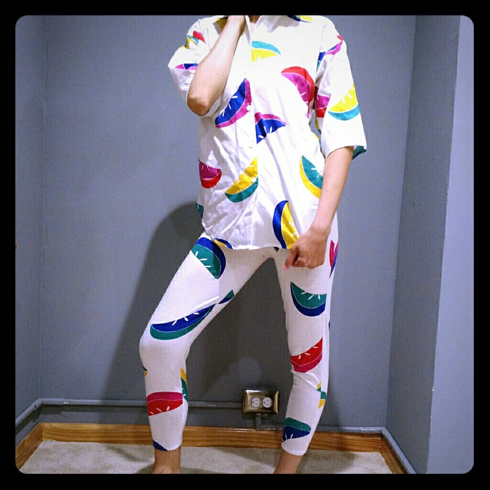 Color burst lemon button down shirt and leggings