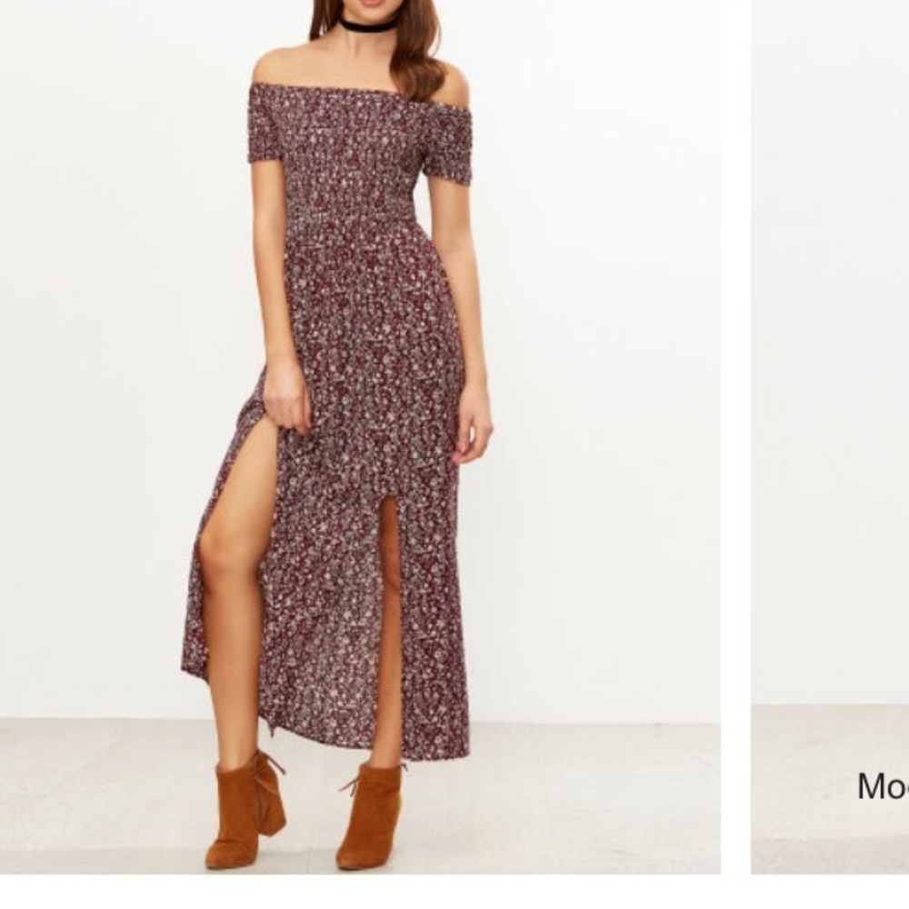 Slit front calico off the shoulder dress