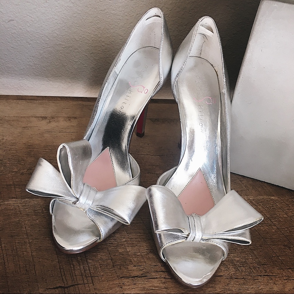 SALE Paris Hilton Silver Bow Heels