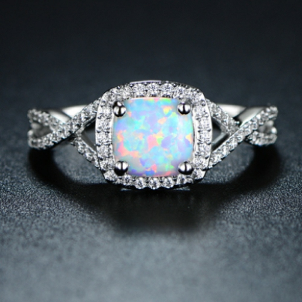 White Gold Plated Ring with Opal & CZ