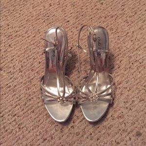 Silver heels with small rhinestone embellishment