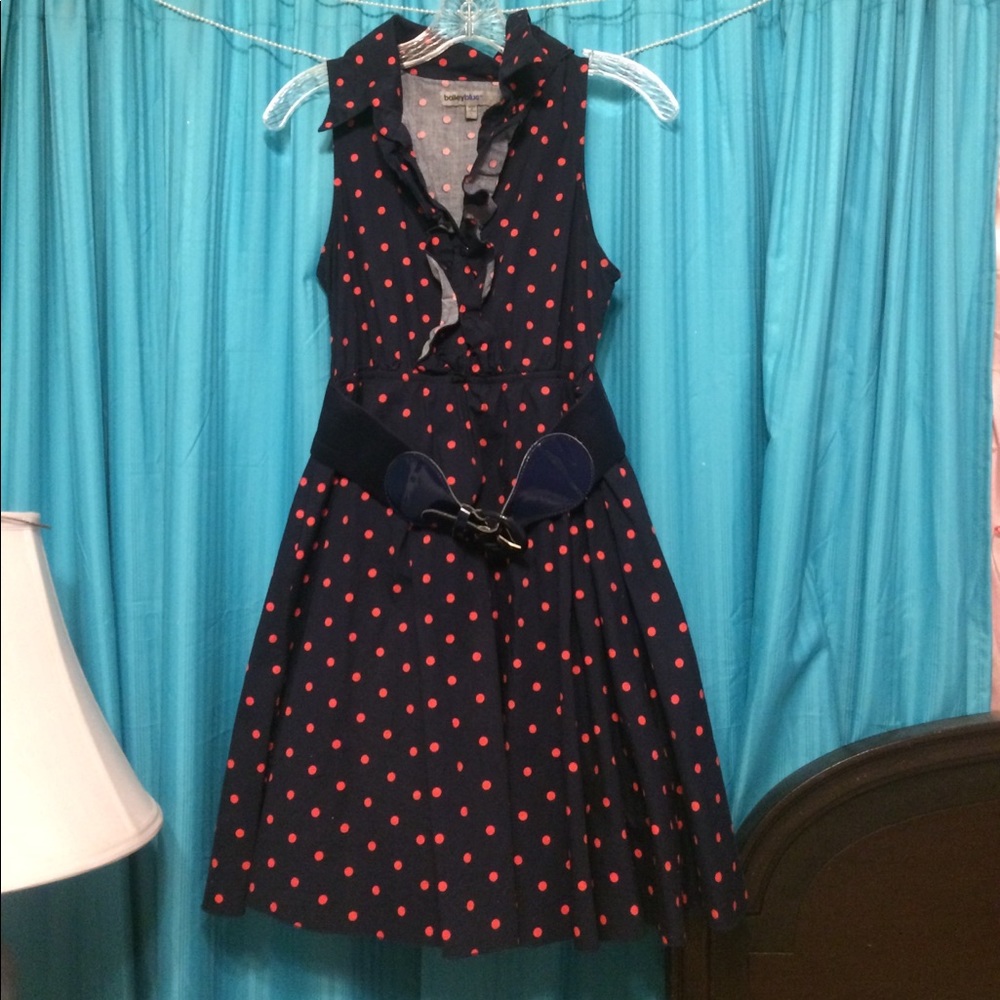 Bailey blue dress- dark navy blue w/ pink poka dot