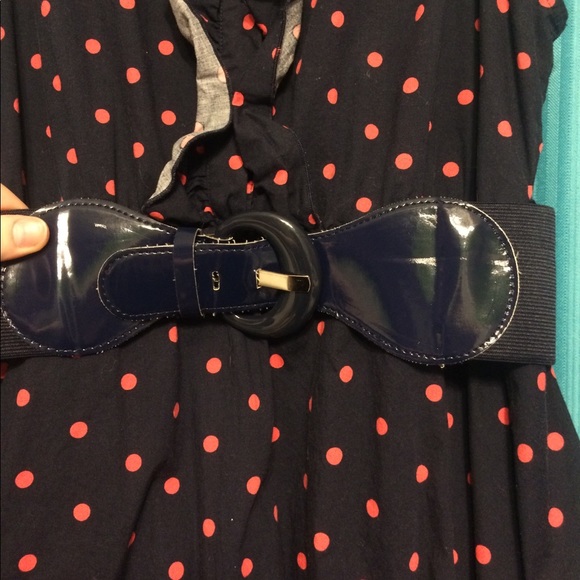 Bailey blue dress- dark navy blue w/ pink poka dot - Picture 2 of 4