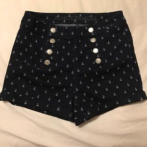 Anchor Patterned Navy Blue High Waisted Shorts