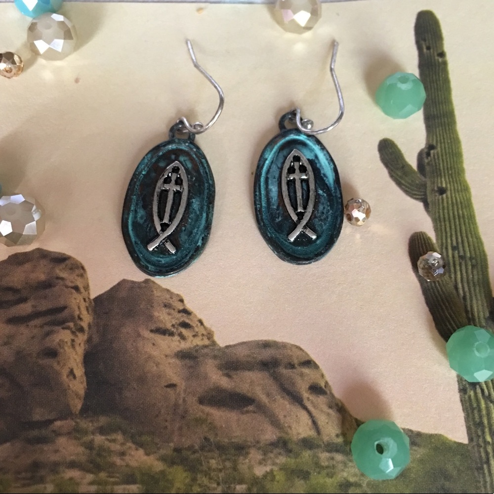 Patina finish faith earrings