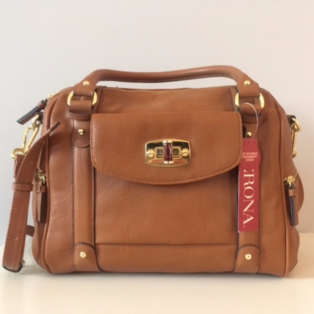 Women's brown satchel with gold hardware