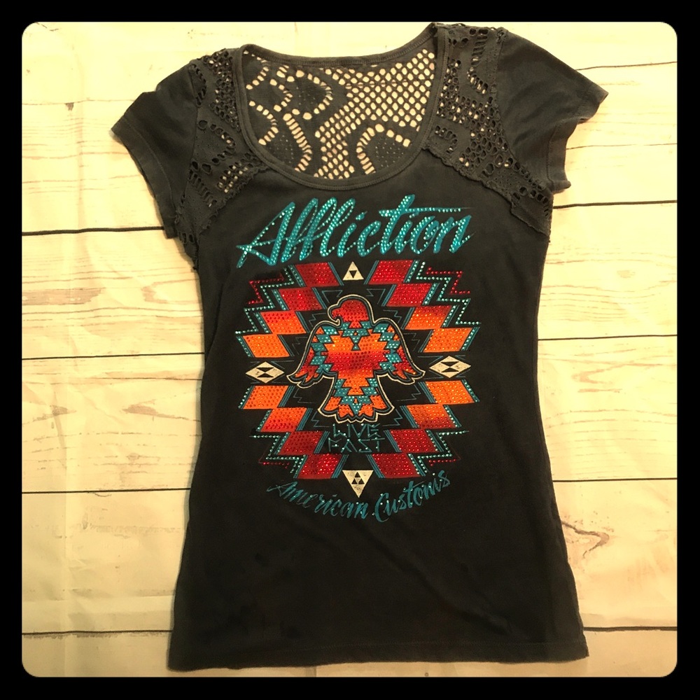 Affliction American Customs Eagle Beaded Top Sz S