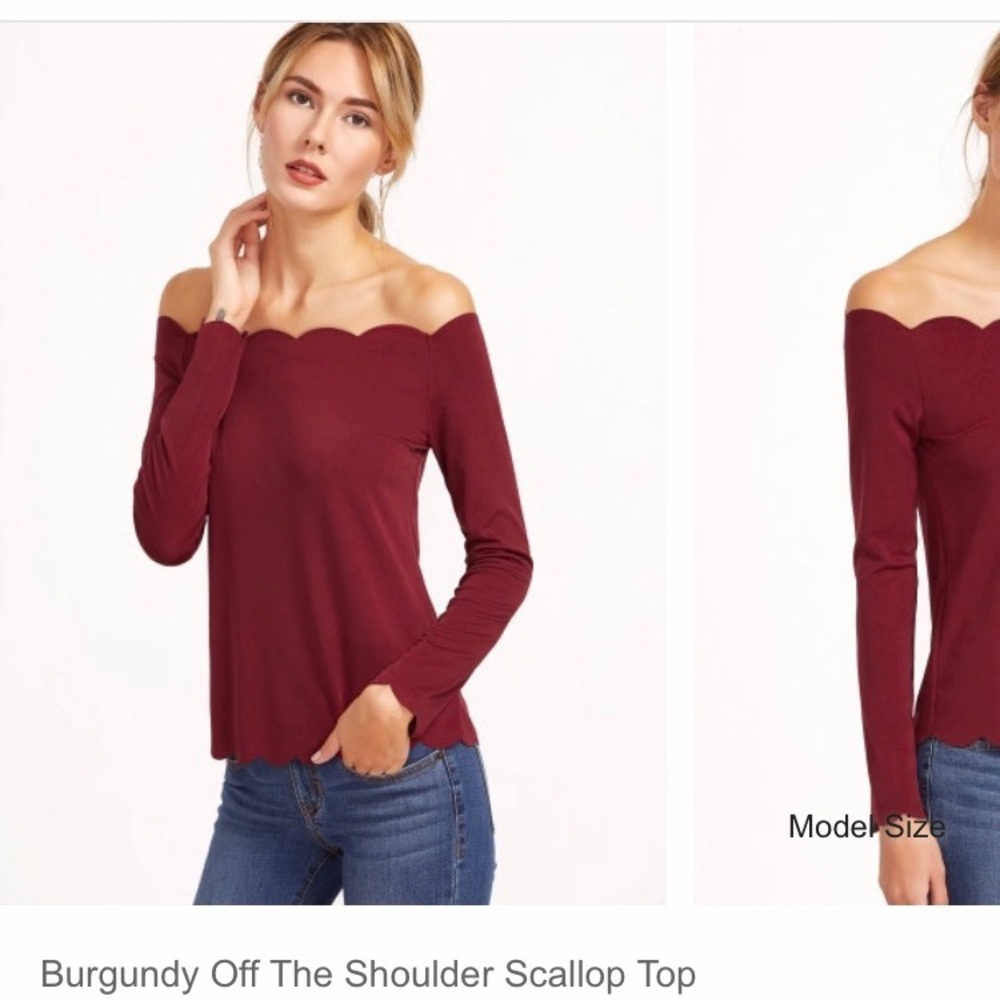 burgundy scalloped cold shoulder top
