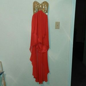 Gold and coral strapless prom dress