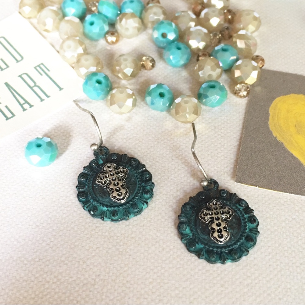 Green cross earrings
