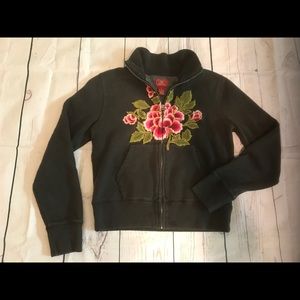 Lucky Brand Zip Up Sweater Embroidered Rose Sz S