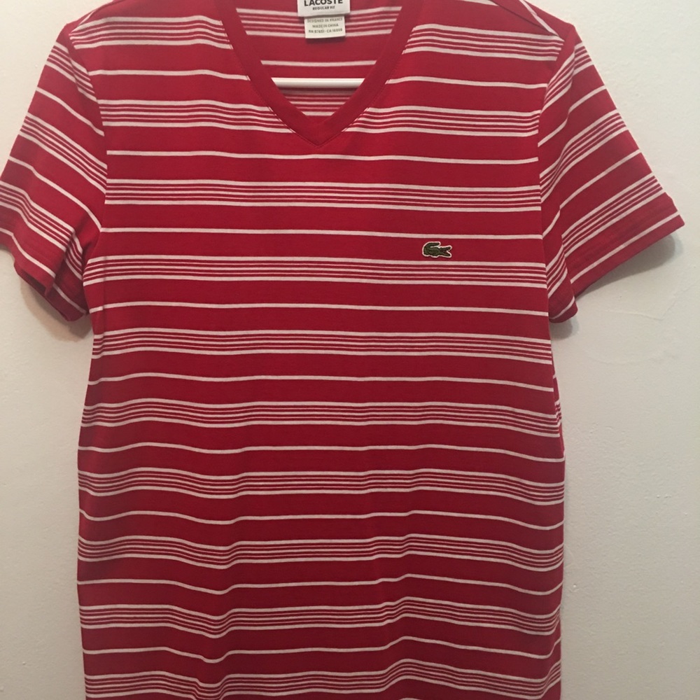 NWOT-Lacoste Red and white stripped V neck